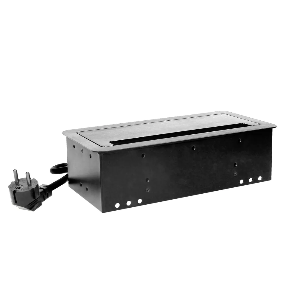 Блок розеточный встраиваемый 2x2P+E со шторками, 3600Вт, 2хUSB 2,1A, 2xRJ45, кабель 1,5m, щеточный ввод, металл, черный