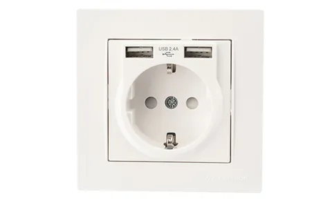 Rita - Розетка 2P+E, с 2хUSB 2,4A (однопостовой монтаж в комплекте с рамкой), белая
