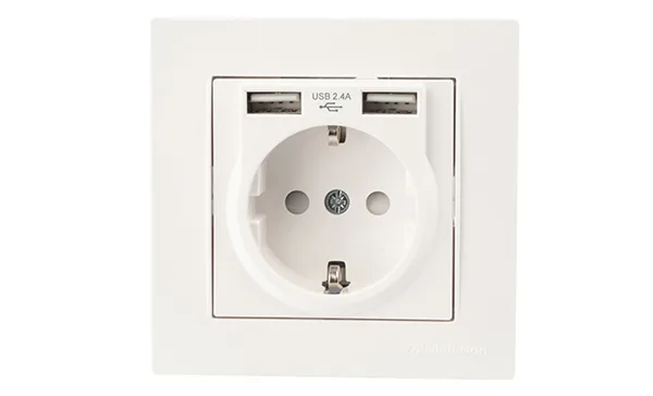 Rita - Розетка 2P+E, с 2хUSB 2,4A (однопостовой монтаж в комплекте с рамкой), белая