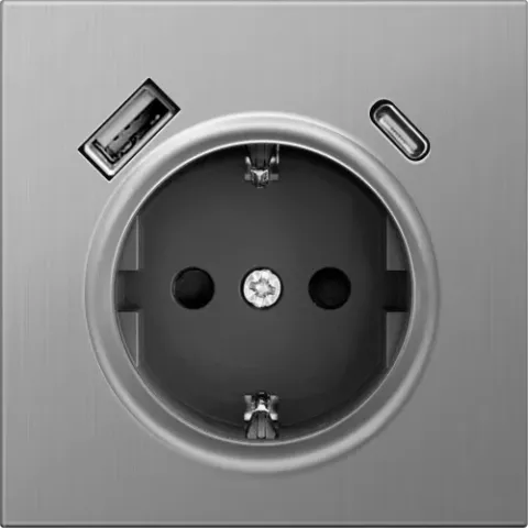 Накладка для розетки Schuko с зарядным устройством USB A+C, с защитными шторками, никель, серия R98 METAL