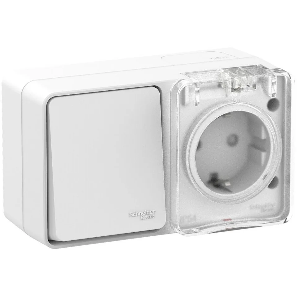 Выключатель и розетка Systeme Electric AtlasDesign, Profi54 открытой установки блок: роз. з/к со шт. 16А 250B, выкл.1-клав.10А, белый, Россия
