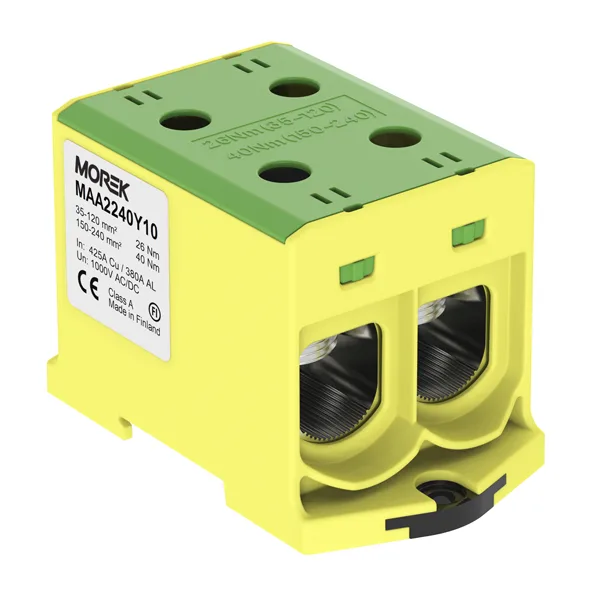 Клемма Morek OTL240-2 желто-зеленая, 2xAl/Cu 35_240mm², 425(CU)/380(AL)A на клемму, 1000V, винтовые зажимы