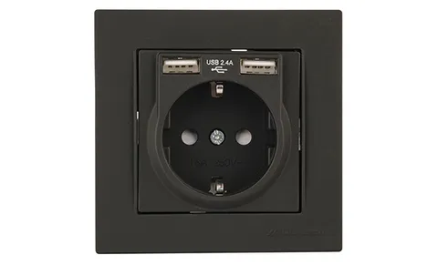 Rita - Розетка 2P+E, с 2хUSB 2,4A (однопостовой монтаж в комплекте с рамкой), черный мат
