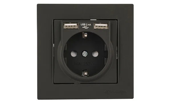 Rita - Розетка 2P+E, с 2хUSB 2,4A (однопостовой монтаж в комплекте с рамкой), черный мат