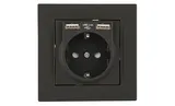 Rita - Розетка 2P+E, с 2хUSB 2,4A (однопостовой монтаж в комплекте с рамкой), черный мат