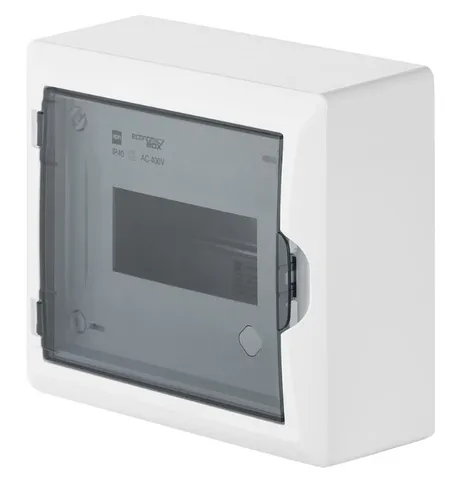 Щит навесной 1x8M, N/PE 2x 2x16+5x10mm2, дымчатая пласт. дверь, белый RAL9003, 198x228x96mm, IP40
