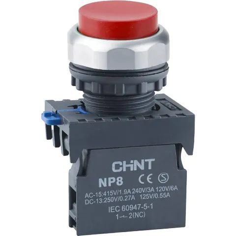 Кнопка упр. выступ., NP8-20GND/4 подсвет., самовозв., красн., AC110В-220В(LED), 2НО, IP65 (R)