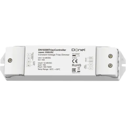 Triac контроллер, напряжение питания 12-48V DC, 1х15А, выходная мощность 1×(180-720)W, Push-Dim