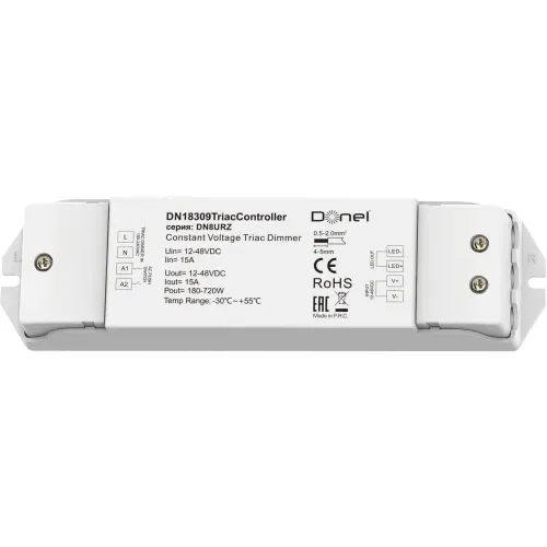 Triac контроллер, напряжение питания 12-48V DC, 1х15А, выходная мощность 1×(180-720)W, Push-Dim