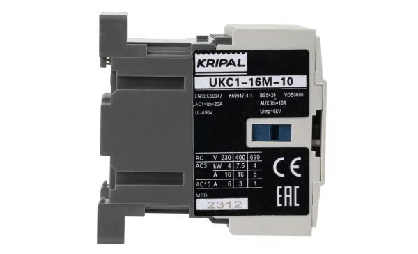 Мини-контактор UKC1-16M-10-230AC, 3P, 16A(AC-3), 20A(AC-1), 7.5kW(400VAC), Uк=230VAC, 1NO