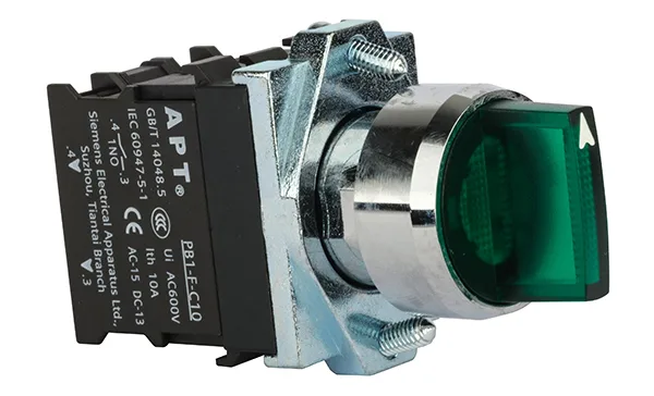 Переключатель PB1S, зеленый, I-0-II, фиксация, 2NO, 6A 230VAC/24VDC, с подсветкой 24VAC/DC, 22mm, IP65