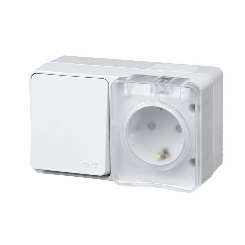 Выключатель и розетка Systeme Electric AtlasDesign, Profi54 открытой установки блок: роз. з/к со шт. 16А 250B, выкл.1-клав.10А, белый, Россия