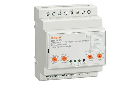 Реле выбора приоритетной фазы RM-PS3, 3NO+N, 16A, 220VAC, Umin(110_210V)/Umax(230_280V), 0.02_0.1s/1_600s, LED, 4,5M