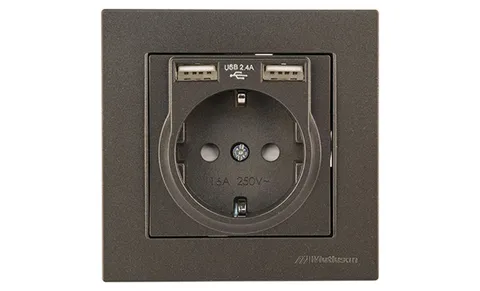 Rita - Розетка 2P+E, с 2хUSB 2,4A (однопостовой монтаж в комплекте с рамкой), дымчатый