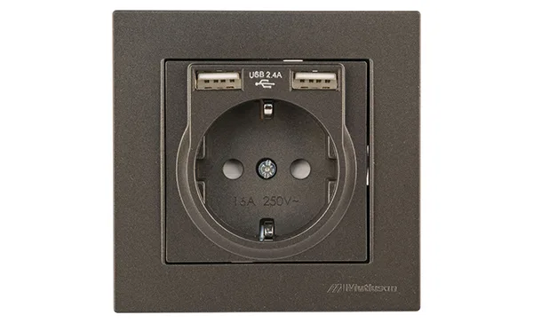 Rita - Розетка 2P+E, с 2хUSB 2,4A (однопостовой монтаж в комплекте с рамкой), дымчатый