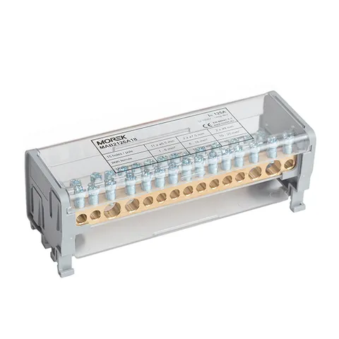 Кросс-модуль Morek MAB125A-15 с прозрачной крышкой, 2P, вх. 2x10_35mm², вых. 11x1,5_6 + 2x10_25mm², 125A, 1000V