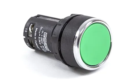 Кнопка MB, зеленая, без фиксации, плоская, 1NO, 3A 230V AC15, 22mm, IP50