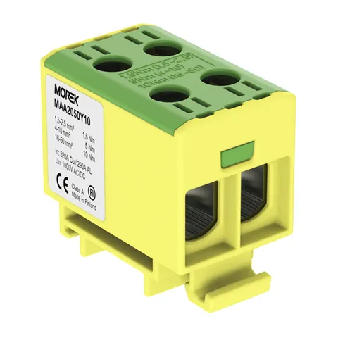 Клемма Morek OTL50-2 желто-зеленая, 2xAl/Cu 1,5_50mm², 160(CU)/145(AL)A на клемму, 1000V, винтовые зажимы