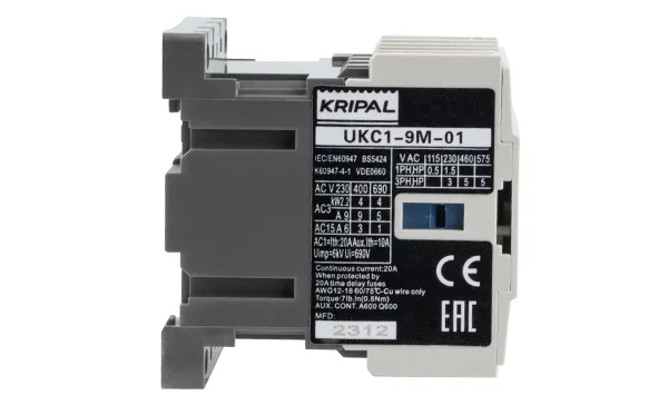 Мини-контактор UKC1-9M-01-230AC, 3P, 9A(AC-3), 20A(AC-1), 4kW(400VAC), Uк=230VAC, 1NC