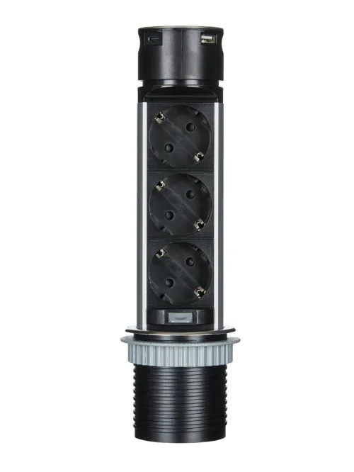 Выдвижной розеточный блок 3х2K+З + 2 USB (A+C) PD 20Вт, цвет нержавеющая сталь, длина кабеля 2м