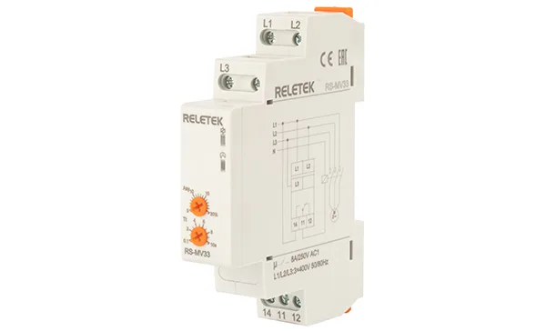 Реле контроля напряжения RS-MV33/400, 3P L-L 400V, 1CO, 8A(250VAC), обрыв, чередование, асимметрия, 0.1_10s, 1M