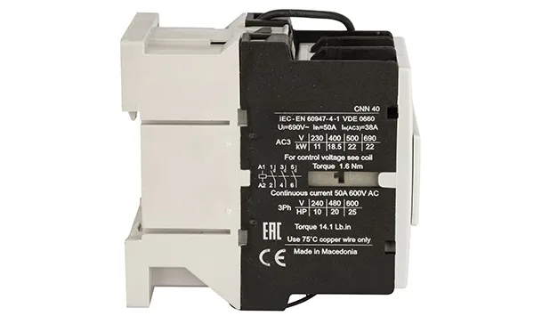 Контактор CNN 40 10, 3P, 38A/(50A по AC-1), 18.5kW(400VAC), 1NO, Uk=24VDC, Iвтяг=5,2А, Iудерж=0,12А