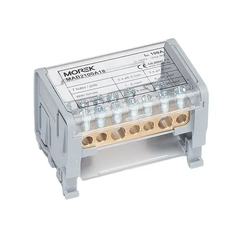 Кросс-модуль Morek MAB100A-7 с прозрачной крышкой, 2P, вх. 2x10_25mm², вых. 5x1,5_6mm², 100A, 1000V
