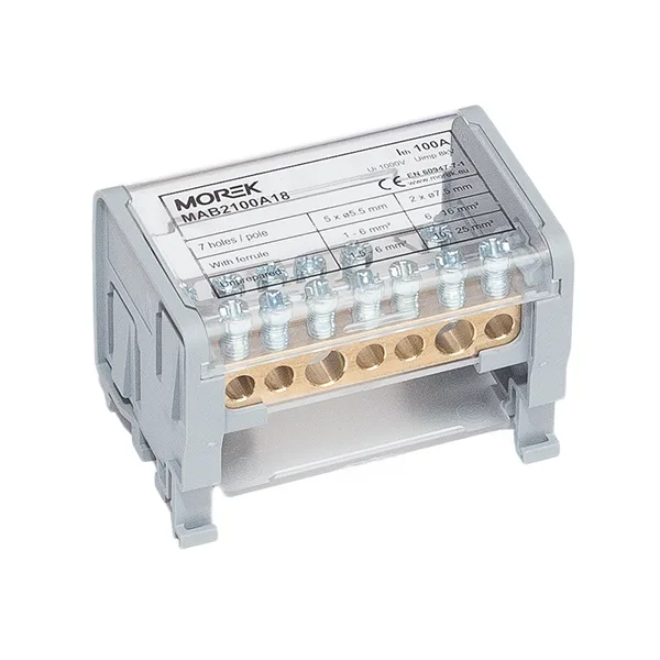 Кросс-модуль Morek MAB100A-7 с прозрачной крышкой, 2P, вх. 2x10_25mm², вых. 5x1,5_6mm², 100A, 1000V