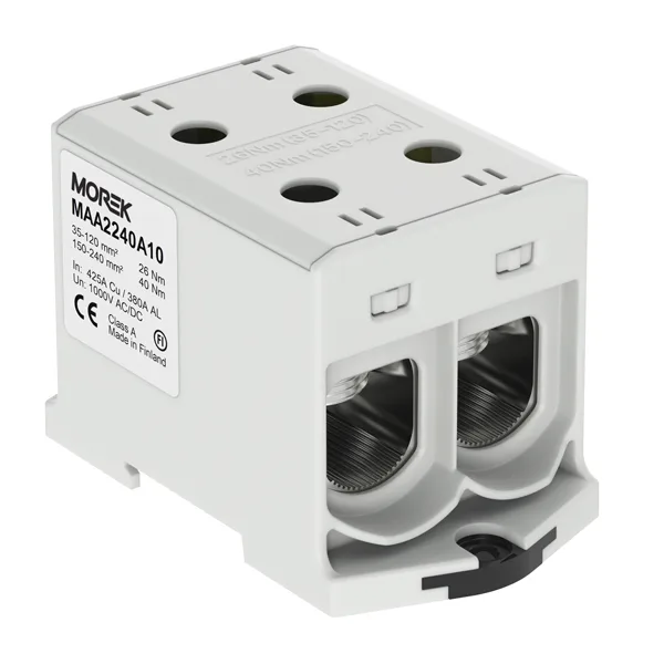 Клемма Morek OTL240-2 серая, 2xAl/Cu 35_240mm², 425(CU)/380(AL)A на клемму, 1000V, винтовые зажимы