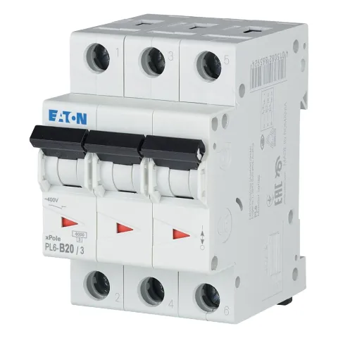 PL6-B20/3, Автомат. выключатель PL6, хар. B, 3-полюсный, Icn=6kA, In=20A