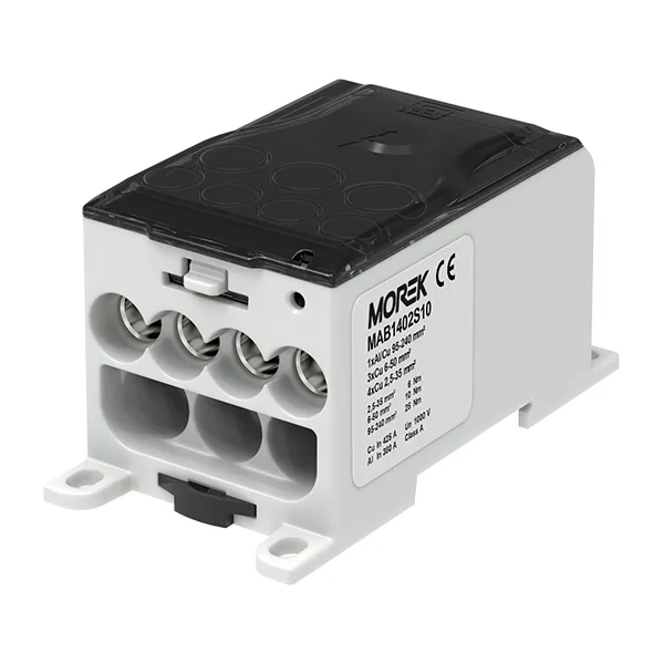 Блок распред. Morek OJL400AS черно-серый, 1P, вх. 1x95_240mm² Al/Cu, вых. 4x2,5_35 + 3x6_50mm² Cu, 425(CU)/380(AL), 1000V, глухая крышка
