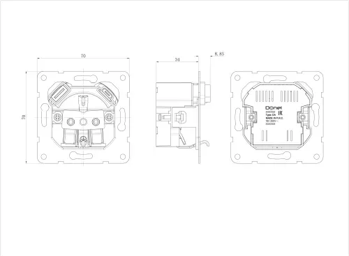 Механизм розетки Schuko 16А 250 В~ с зарядным устройством USB A+C, 5V/4A, мощность 20W, серия DA