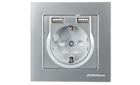 Rita - Розетка 2P+E, с 2xUSB Type A 2,4A (однопостовой монтаж в комплекте с рамкой), нерж. сталь