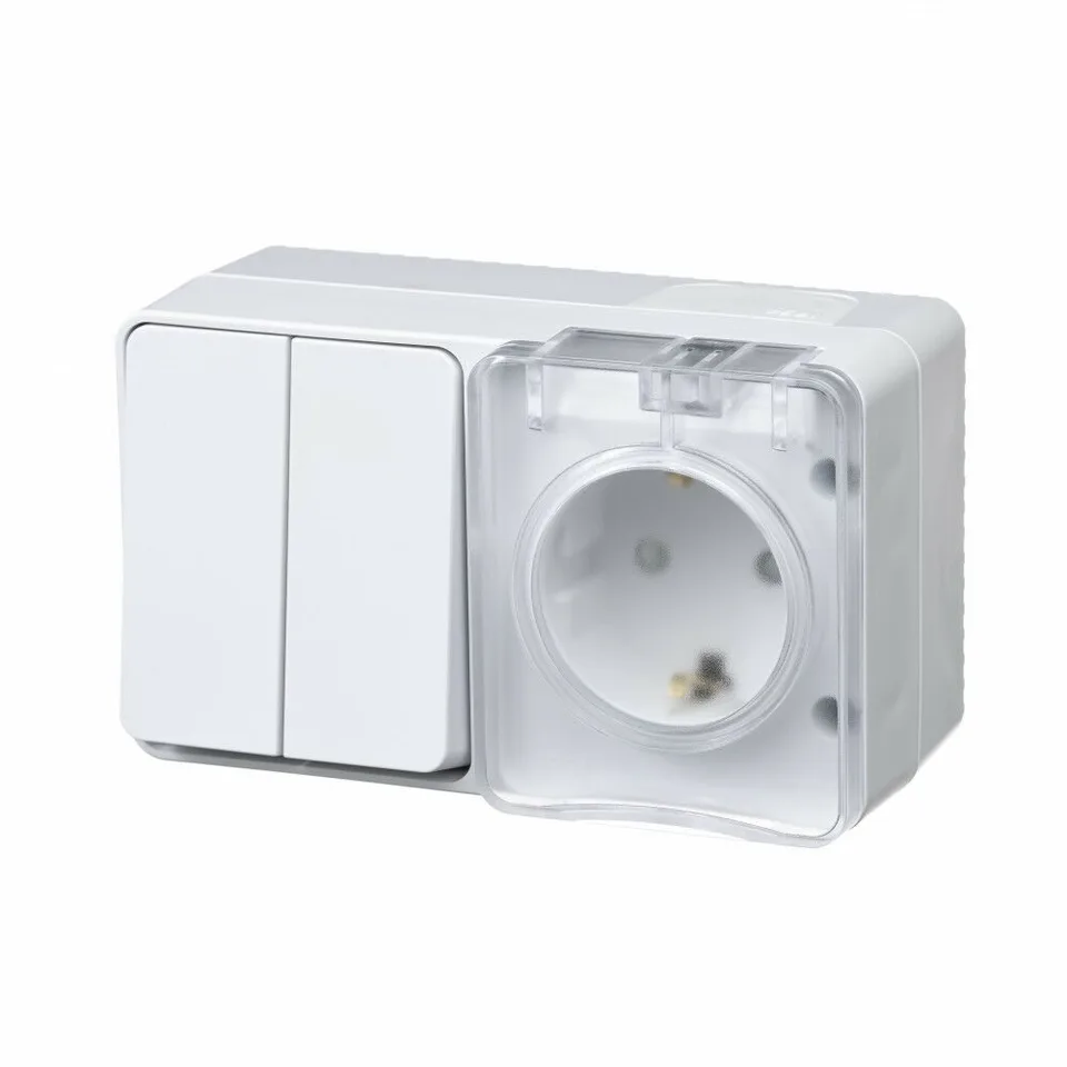 Выключатель и розетка Systeme Electric AtlasDesign, Profi54 открытой установки блок: роз. з/к со шт. 16А 250B, выкл.2-клав.10А, белый, Россия
