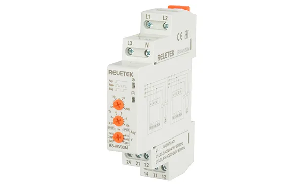 Реле контроля фаз RS-MV33M, 3P/3P+N, 2CO, 266_540VAC(L-L)/ 154_312VAC(L-N), 0,1-10s, обрыв, чередование, асимметрия (5_20%) , 1M