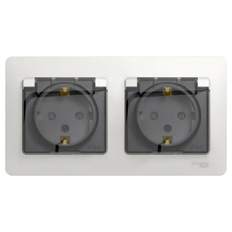 Розетка Systeme Electric Glossa, двойная с заземлением, со шторками, в сборе, IP44, белый