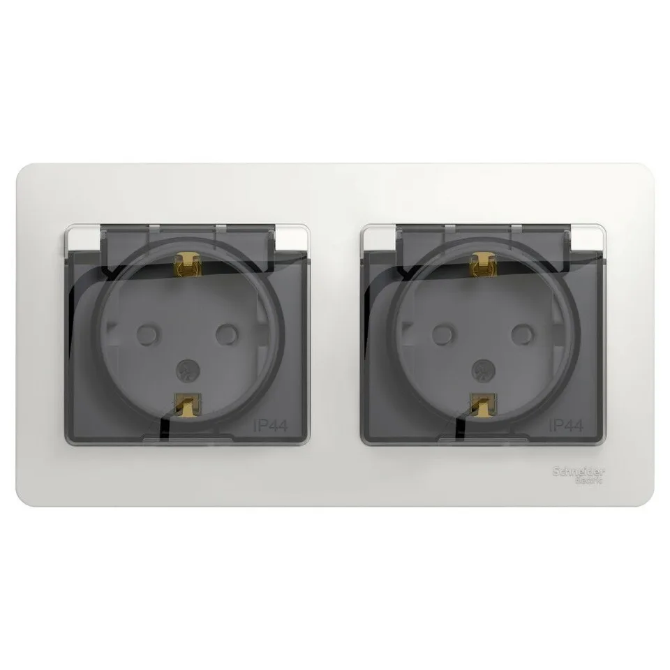 Розетка Systeme Electric Glossa, двойная с заземлением, со шторками, в сборе, IP44, белый