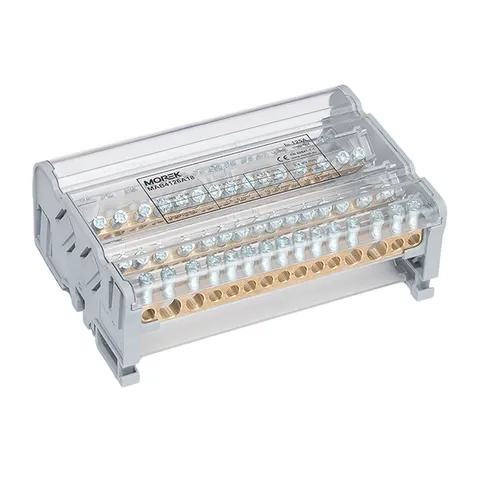 Кросс-модуль Morek MAB125A-15 с прозрачной крышкой, 4P, вх. 2x10_35mm², вых. 11x1,5_6 + 2x10_25mm², 125A, 1000V