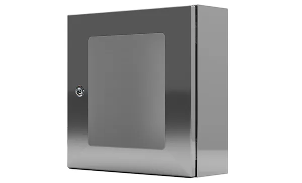 Щит ECOR моноблочный 400x300x200мм (ВxШxГ) из нерж. стали навесной с монт. панелью со стеклянной дверью, 1 язычковый замок, дно глухое, IP66