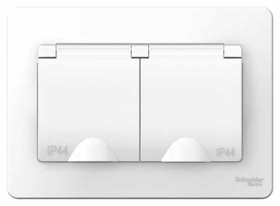 Розетка Systeme Electric Blanca, скрытой установки IP44 двойная с заземл. со шторками, с крышками, 16А, 250В, белый