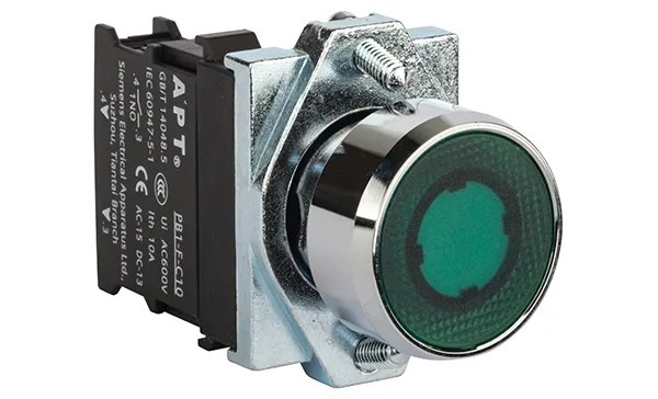 Кнопка плоская PB1S, зеленая, с фиксацией, с подсветкой без LED, 1NO, 6A 230VAC/24VDC, 22mm, IP65