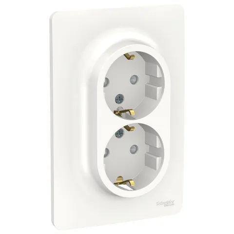 Розетка Schneider Electric Unica, NEW двойная, со шторками, с заземлением, винт. зажим., белый