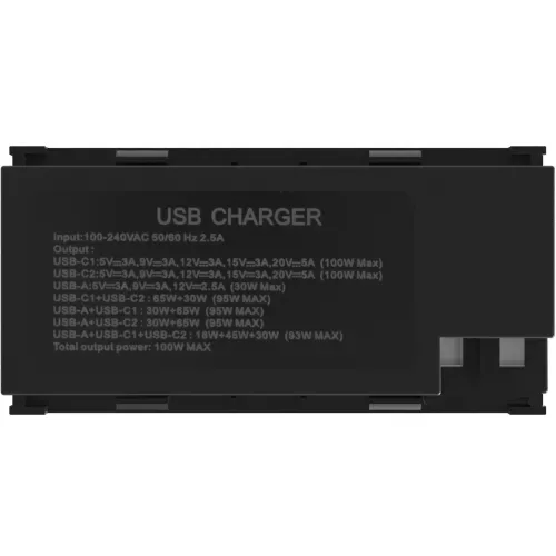 USB зарядное устройство, 100W, Type A + C + C, 4 мод., черн. матовая (90х45мм)