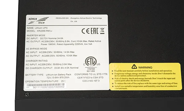 ИБП Kehua KR-RM Li, 2200VA/2200W, RT 2U, ЖК-дисплей, со встроенной литиевой батареей 72Vdc, время резервирования 22 минуты, 6×IEC320 C13, 1×IEC320 C19