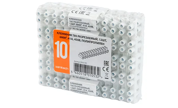 Клеммник T85 разрезаемый, 12шт, 6mm², 41A, 450V, полипропилен, белый