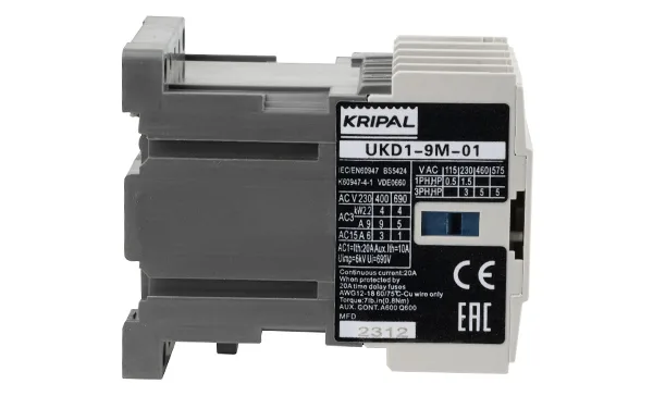 Мини-контактор UKD1-9M-01-24DC, 3P, 9A(AC-3), 20A(AC-1), 4kW(400VAC), Uк=24VDC, 1NC