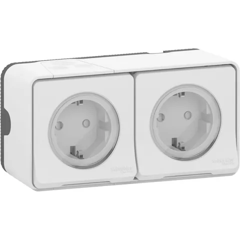 Блок Schneider Electric Mureva, S, из двух розеток с з/к. и шт., открытой установки, белый, IP55