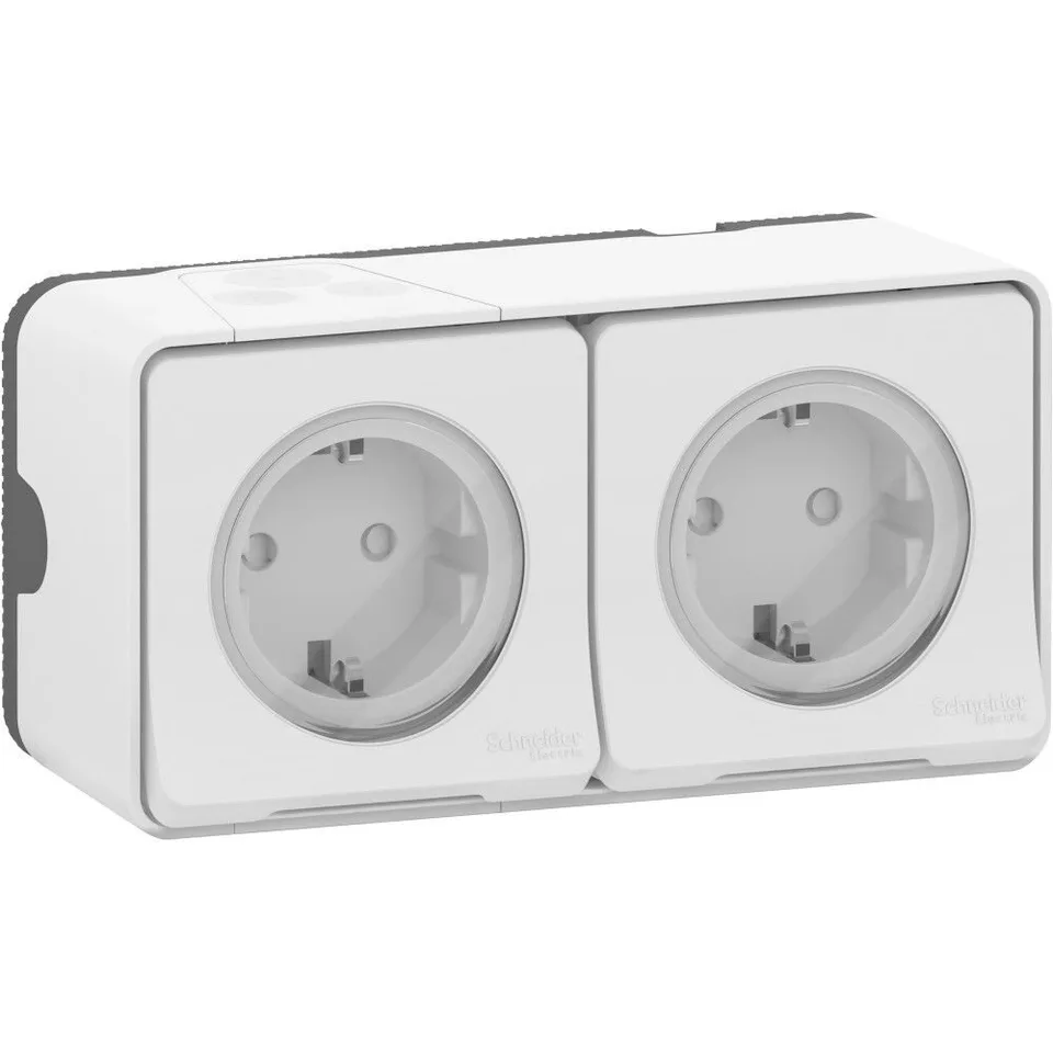 Блок Schneider Electric Mureva, S, из двух розеток с з/к. и шт., открытой установки, белый, IP55