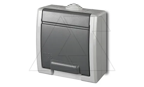 AQUANT - Розетка 2P+E, 16A/250V, с крышкой, ABS ,UV, IP55, корпус RAL7035/крышка RAL7043