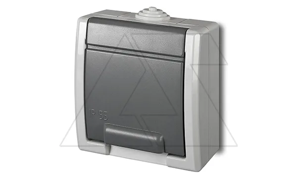 AQUANT - Розетка 2P+E, 16A/250V, с крышкой, ABS ,UV, IP55, корпус RAL7035/крышка RAL7043